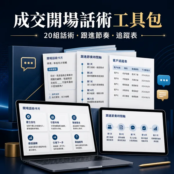 成交開場話術工具包｜20 組話術＋跟進節奏＋客戶追蹤表